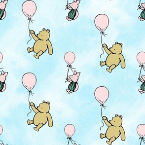 Bigger Scale Classic Pooh and Piglet with Pale Pink Balloons on Blue Skies