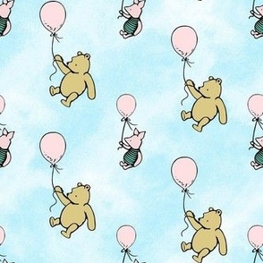 Smaller Scale Classic Pooh and Piglet with Pale Pink Balloons on Blue Skies