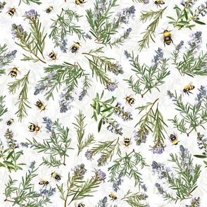 18" antique hand painted herbs edicinal plants rosmary and with bees and bumble bees on white background -for home decor Baby Girl  and  nursery fabric perfect for kidsroom wallpaper,kids room