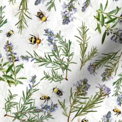 14" antique hand painted herbs edicinal plants rosmary and with bees and bumble bees on white background -for home decor Baby Girl  and  nursery fabric perfect for kidsroom wallpaper,kids room