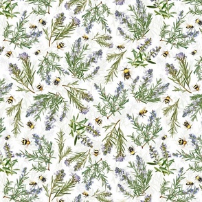 14" antique hand painted herbs edicinal plants rosmary and with bees and bumble bees on white background -for home decor Baby Girl  and  nursery fabric perfect for kidsroom wallpaper,kids room