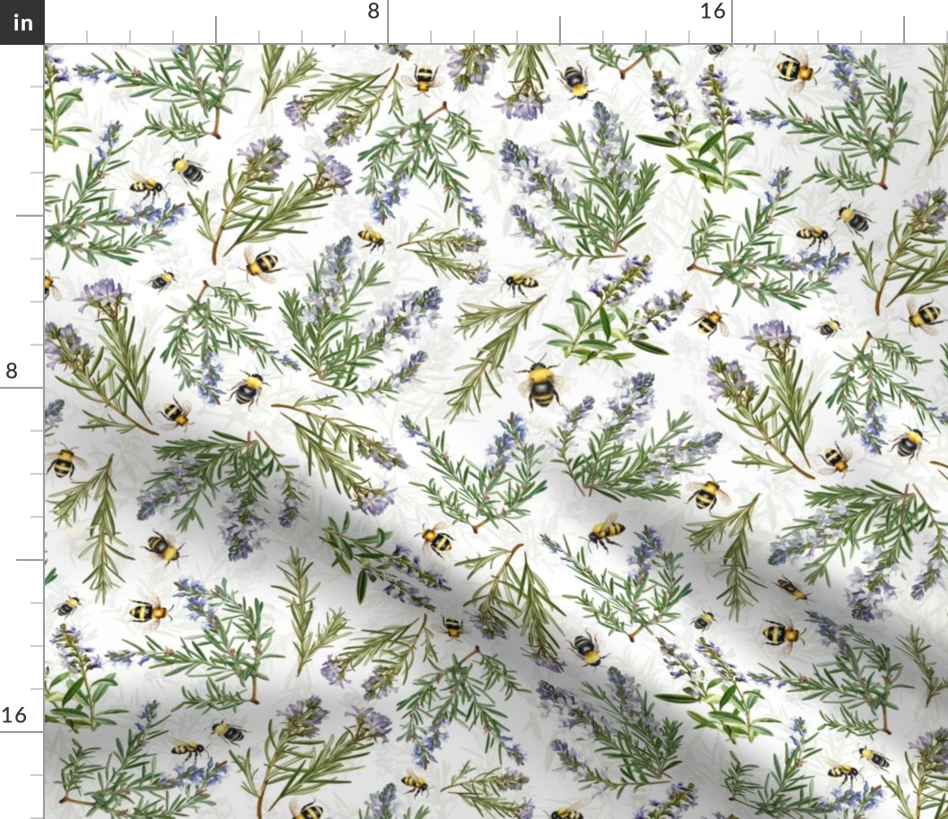 14" antique hand painted herbs edicinal plants rosmary and with bees and bumble bees on white background -for home decor Baby Girl  and  nursery fabric perfect for kidsroom wallpaper,kids room