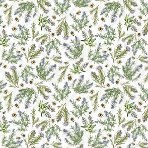 10"  antique hand painted herbs edicinal plants rosmary and with bees and bumble bees on white background -for home decor Baby Girl  and  nursery fabric perfect for kidsroom wallpaper,kids room