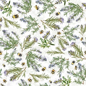 18" Turned left 18" antique hand painted herbs edicinal plants rosmary and with bees and bumble bees on white background -for home decor Baby Girl  and  nursery fabric perfect for kidsroom wallpaper,kids room