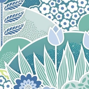 Doll House Spring Garden- Geometric Floral Wallpaper- Spring Wildflowers- Tulips- Blue- Mint- Green- Petal Solids Coordinate- Sea Glass- Sky Blue- Honeydew Green- Medium