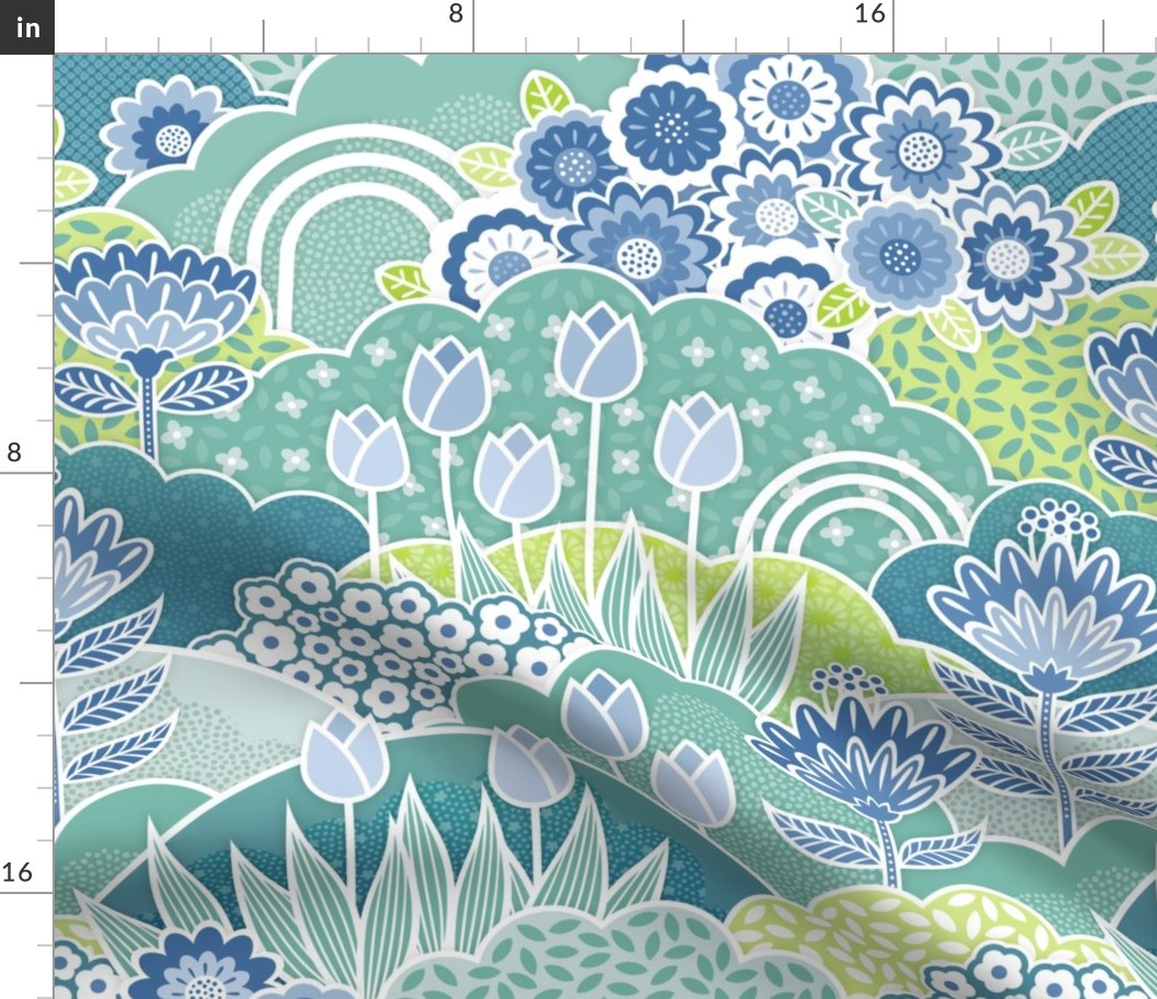 Doll House Spring Garden- Geometric Floral Wallpaper- Spring Wildflowers- Tulips- Blue- Mint- Green- Petal Solids Coordinate- Sea Glass- Sky Blue- Honeydew Green- Medium