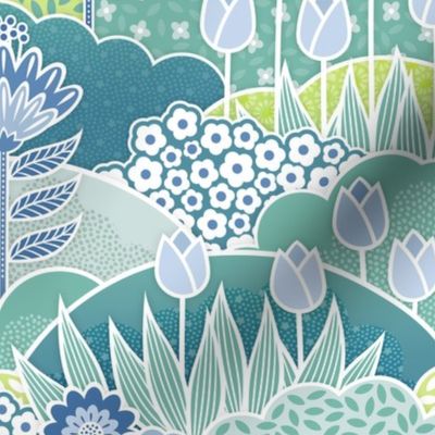 Doll House Spring Garden- Geometric Floral Wallpaper- Spring Wildflowers- Tulips- Blue- Mint- Green- Petal Solids Coordinate- Sea Glass- Sky Blue- Honeydew Green- Small