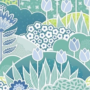 Doll House Spring Garden- Geometric Floral Wallpaper- Spring Wildflowers- Tulips- Blue- Mint- Green- Petal Solids Coordinate- Sea Glass- Sky Blue- Honeydew Green- Small