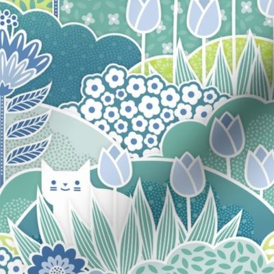 Doll House- Spring Garden with Cats- Geometric Floral Wallpaper- Spring Wildflowers- Cat- Tulips- Blue- Mint- Green- Petal Solids Coordinate- Sea Glass- Sky Blue- Honeydew Green- Small