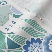 Doll House- Spring Garden with Cats- Geometric Floral Wallpaper- Spring Wildflowers- Cat- Tulips- Blue- Mint- Green- Petal Solids Coordinate- Sea Glass- Sky Blue- Honeydew Green- Small