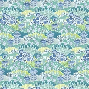Doll House Spring Garden- Geometric Floral Wallpaper- Spring Wildflowers- Tulips- Blue- Mint- Green- Petal Solids Coordinate- Sea Glass- Sky Blue- Honeydew Green- Micro