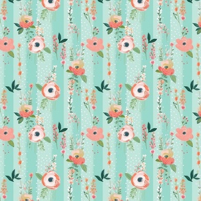 Blossom Garden - Coral Floral/ Mint Stripes Wallpaper - New for 2023