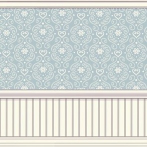 Blue Damask Dollhouse Wallpaper Panel with Wainscoting