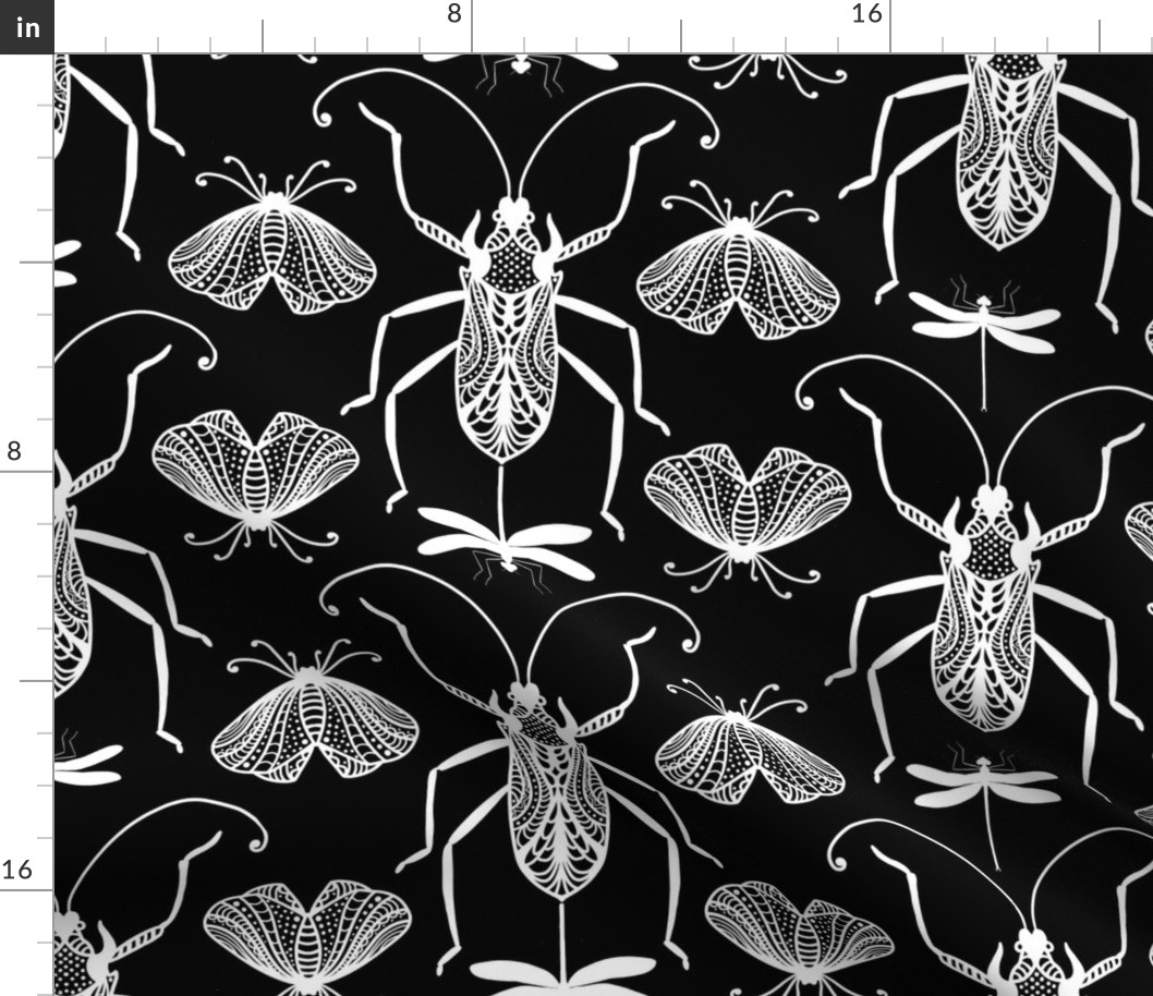 Cicada Ant Moth Black And White Doodle Drawing Pattern White On Black