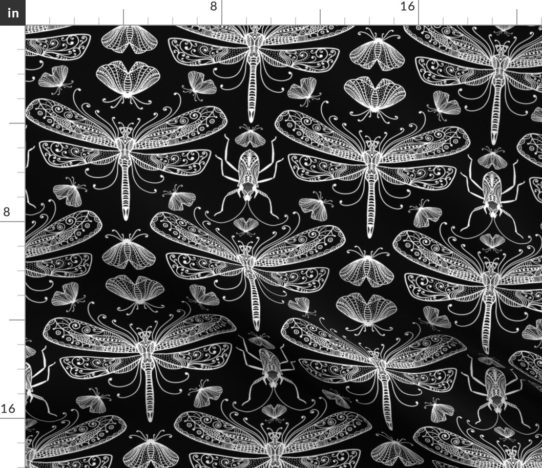 Doodle Bugs 2Dragonfly Ant Moth Black And White Doodle Drawing Pattern White On Black Smaller Scale