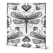 Dragonfly And Moth Black And White Doodle Drawing Pattern Black On White