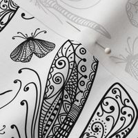 Dragonfly And Moth Black And White Doodle Drawing Pattern Black On White Smaller Scale