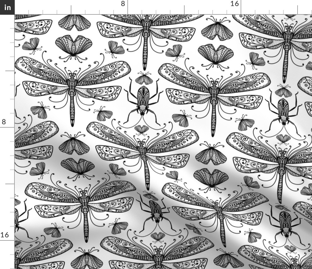 Dragonfly And Moth Black And White Doodle Drawing Pattern Black On White Smaller Scale