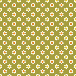 Retro Daisies - olive green, orange and gold Small