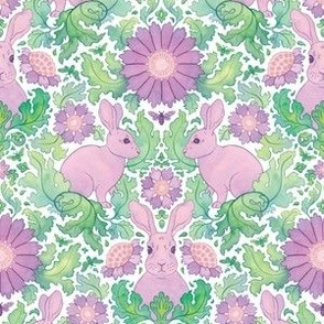 (small) Rabbit in a flower garden - spring damask