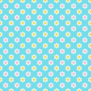 Retro Daisies - Pink, White & Yellow on Light Blue Small