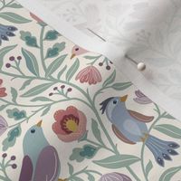 Sweet traditional floral with birds - soft pink, blue and green on cream - small
