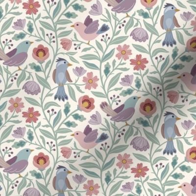 Sweet traditional floral with birds - soft pink, blue and green on cream - small