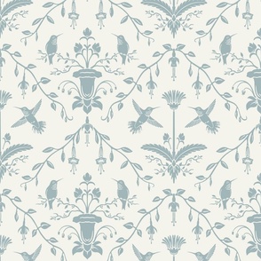 Hummingbirds! Vintage damask in light blue and white tint