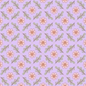 Peach Floral Diamond on Lavender - mini scale - mix and match