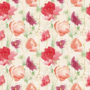 Art Nouveau Poppies- watercolor floral on a painterly background