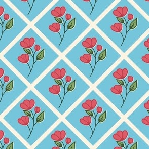 Retro Flowers in trellis on blue background