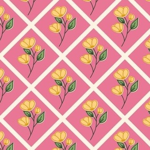 Retro Flowers in trellis with pink background