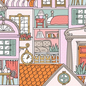 Doll houses doodle. Candy colors. Large