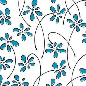 doodle flowers - hand-drawn flower caribbean - blue floral fabric and wallpaper