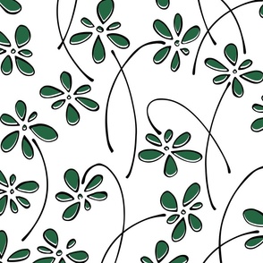 doodle flowers - hand-drawn flower emerald - green floral fabric and wallpaper