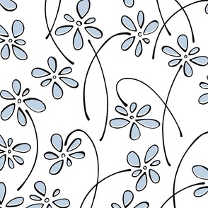 doodle flowers - hand-drawn flower fog - blue floral fabric and wallpaper