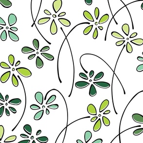 doodle flowers - hand-drawn flower emerald mix - floral fabric and wallpaper