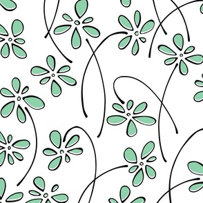 doodle flowers - hand-drawn flower jade - green floral fabric and wallpaper