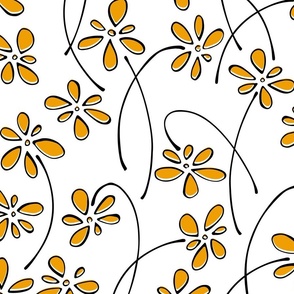 doodle flowers - hand-drawn flower marigold - orange floral fabric and wallpaper