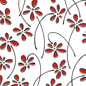 doodle flowers - hand-drawn flower poppy red - red floral fabric and wallpaper