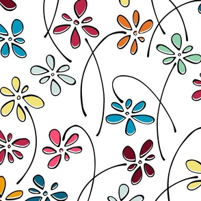 doodle flowers - hand-drawn flower viva magenta mix - floral fabric and wallpaper