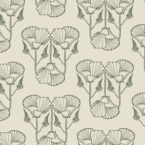 Berkeley Poppy Nouveau Floral Blockprint | artichoke cactus green on pearl white ~ LARGE