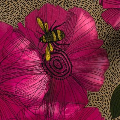 Bees and poppies in magenta