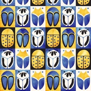 Small Abstract Geometric Watercolour Beetles Tiles in Blue, Yellow, Black and Seashell White