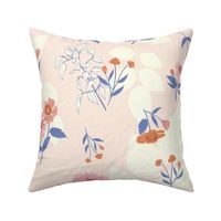 (size large) country style pink and orange florals and blue leaves on textured pink blush 