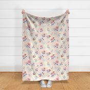 (size large) country style pink and orange florals and blue leaves on textured pink blush 