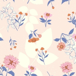 (size large) country style pink and orange florals and blue leaves on textured pink blush 