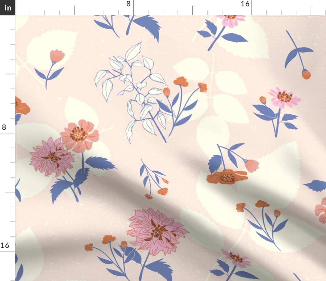 (size large) country style pink and orange florals and blue leaves on textured pink blush 