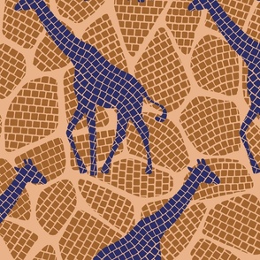 Giraffe mosaic with giraffe silhouettes and spots orange and ultramarine blue wallpaper - large scale