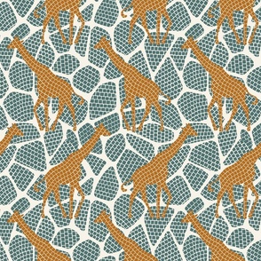 Giraffe mosaic with giraffe silhouettes and spots yellow ochre cyan teal - medium scale